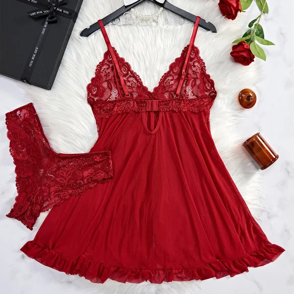 New Nightgown Contrast Lace Ruffle Trim Lingerie Set - Image 7